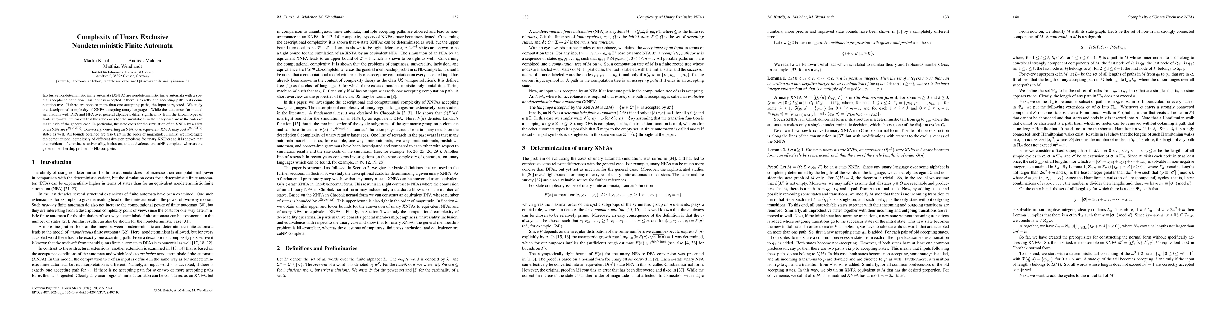 Thumbnail for Complexity of Unary Exclusive Nondeterministic Finite Automata