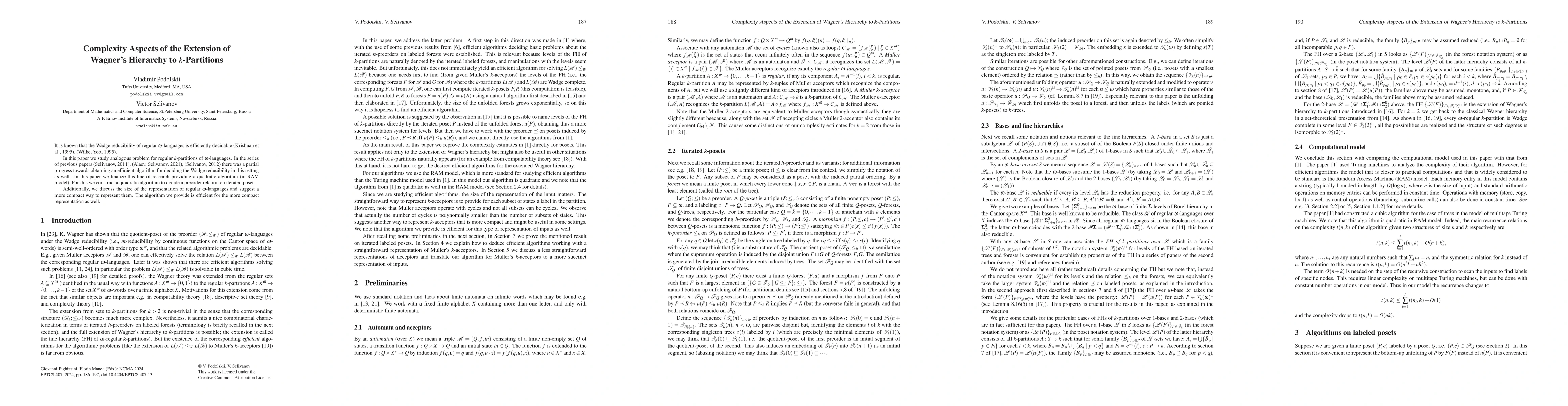 Thumbnail for Complexity Aspects of the Extension of Wagner's Hierarchy to
  $k$-Partitions