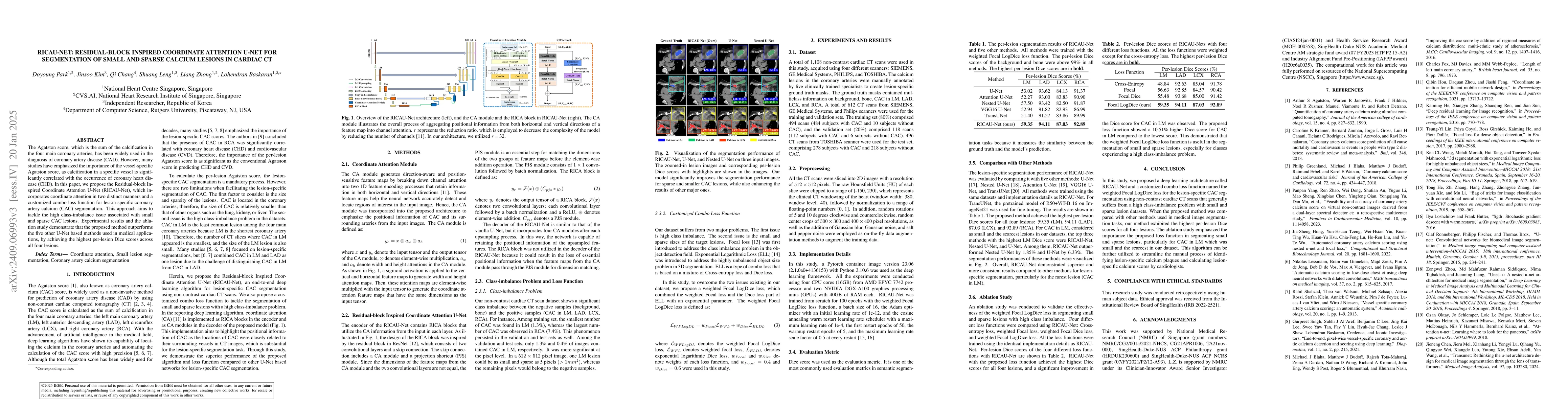 Thumbnail for RICAU-Net: Residual-block Inspired Coordinate Attention U-Net for
  Segmentation of Small and Sparse Calcium Lesions in Cardiac CT