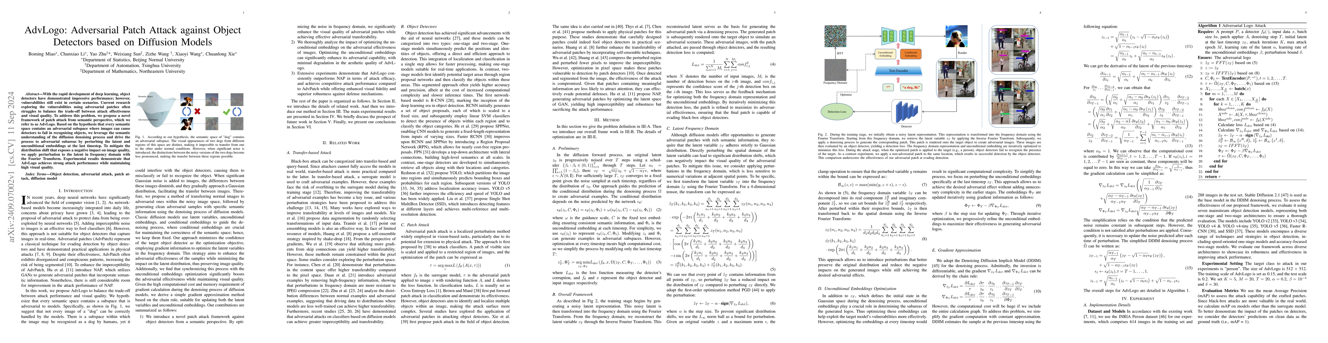 Thumbnail for AdvLogo: Adversarial Patch Attack against Object Detectors based on
  Diffusion Models