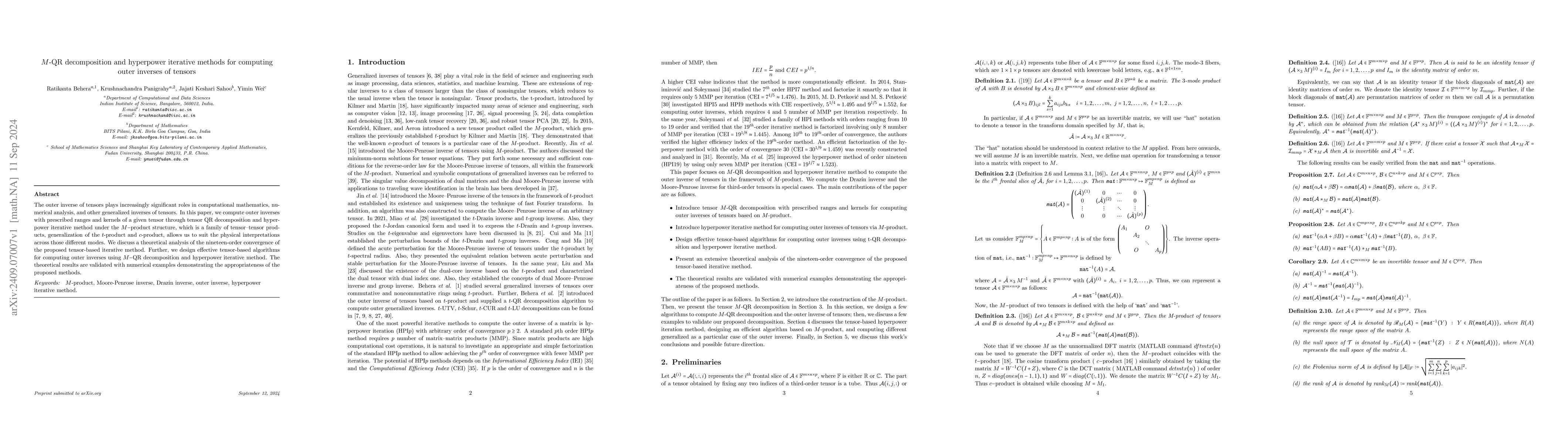 Thumbnail for $M$-QR decomposition and hyperpower iterative methods for computing
  outer inverses of tensors
