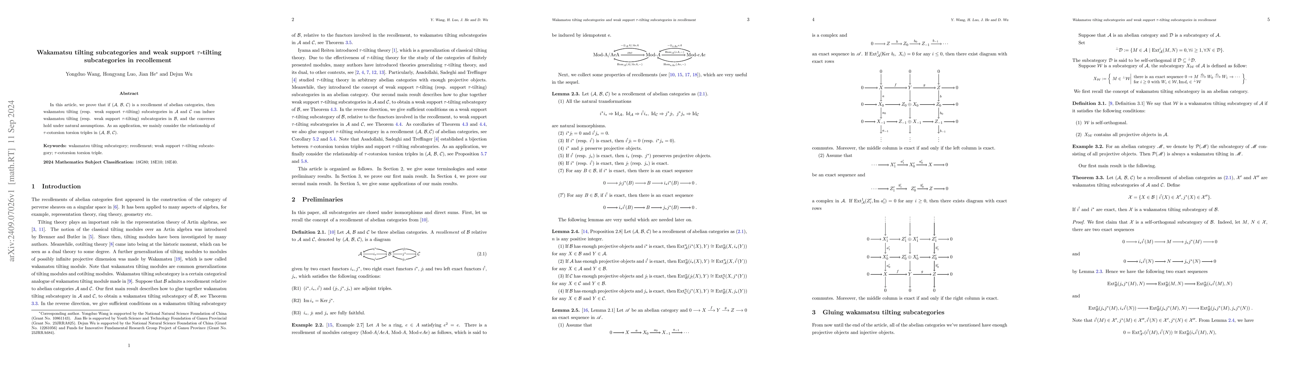 Thumbnail for Wakamatsu tilting subcategories and weak support tau-tilting
  subcategories in recollement