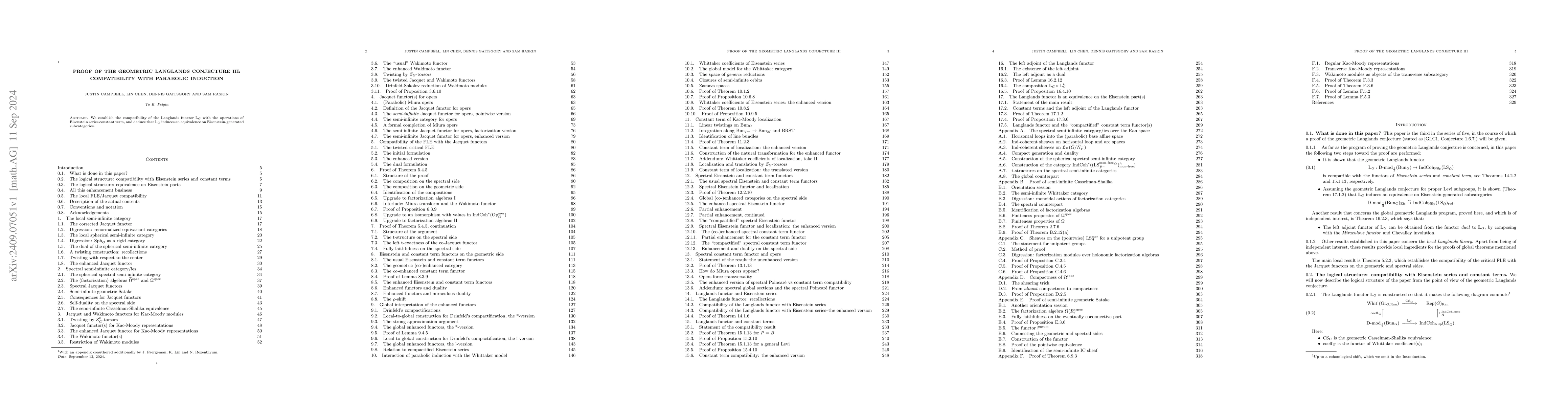 Thumbnail for Proof of the geometric Langlands conjecture III: compatibility with
  parabolic induction