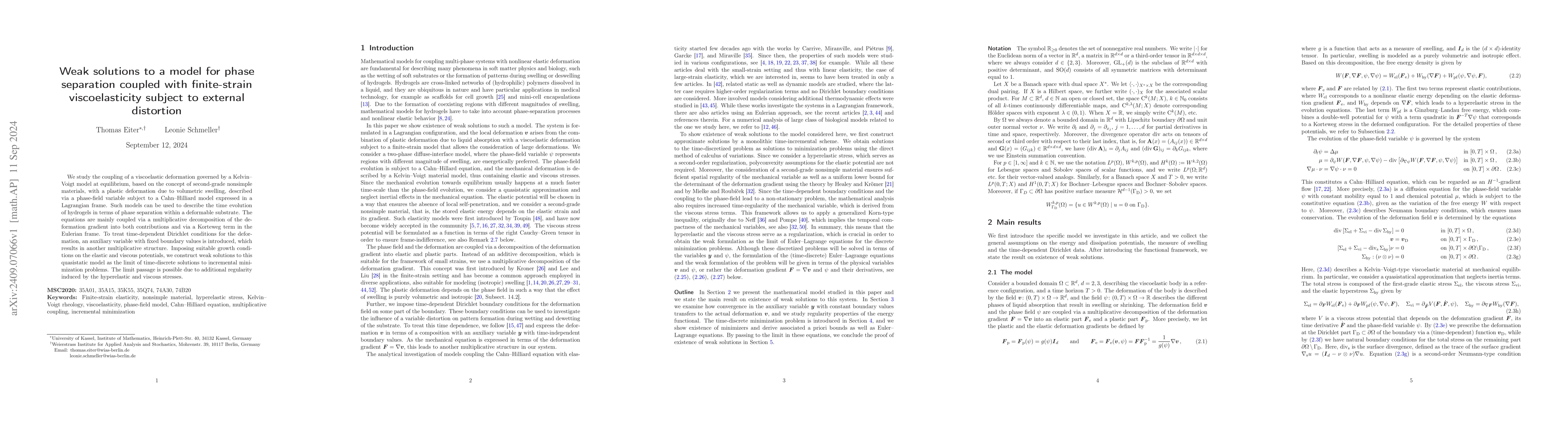 Thumbnail for Weak solutions to a model for phase separation coupled with
  finite-strain viscoelasticity subject to external distortion