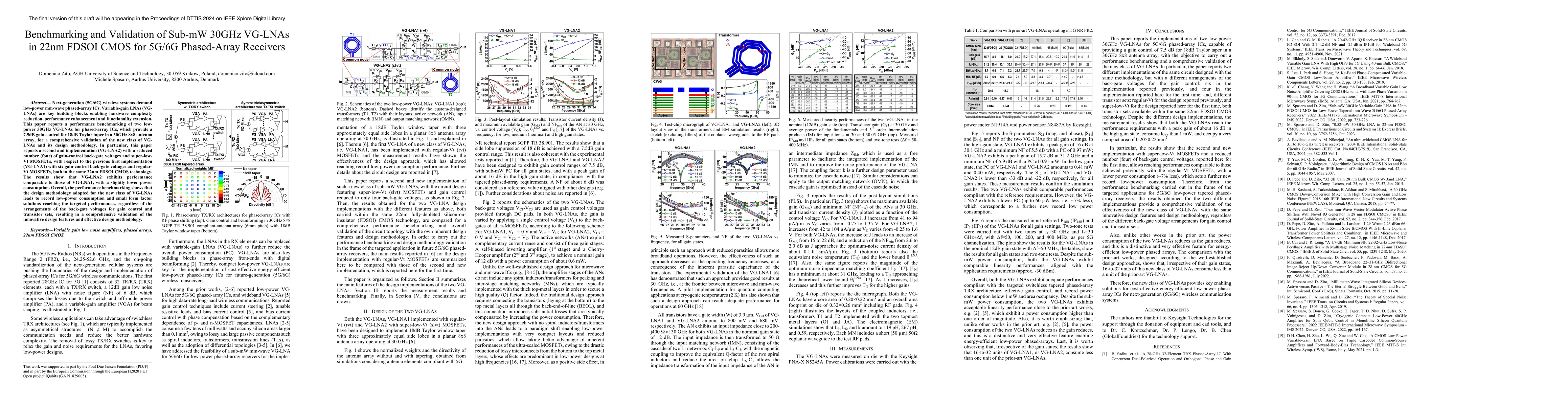 Thumbnail for Benchmarking and Validation of Sub-mW 30GHz VG-LNAs in 22nm FDSOI CMOS
  for 5G/6G Phased-Array Receivers