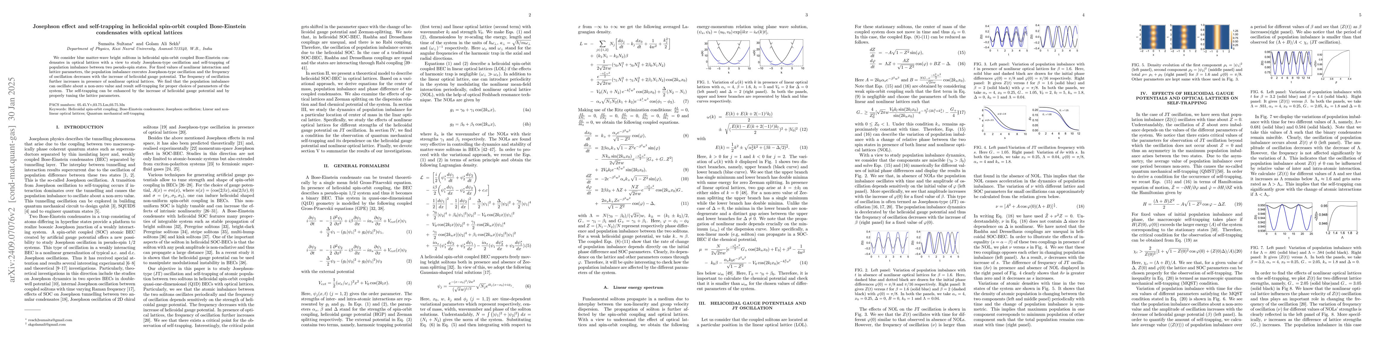Thumbnail for Josephson effect and self-trapping in helicoidal spin-orbit coupled
  Bose-Einstein condensates with optical lattices