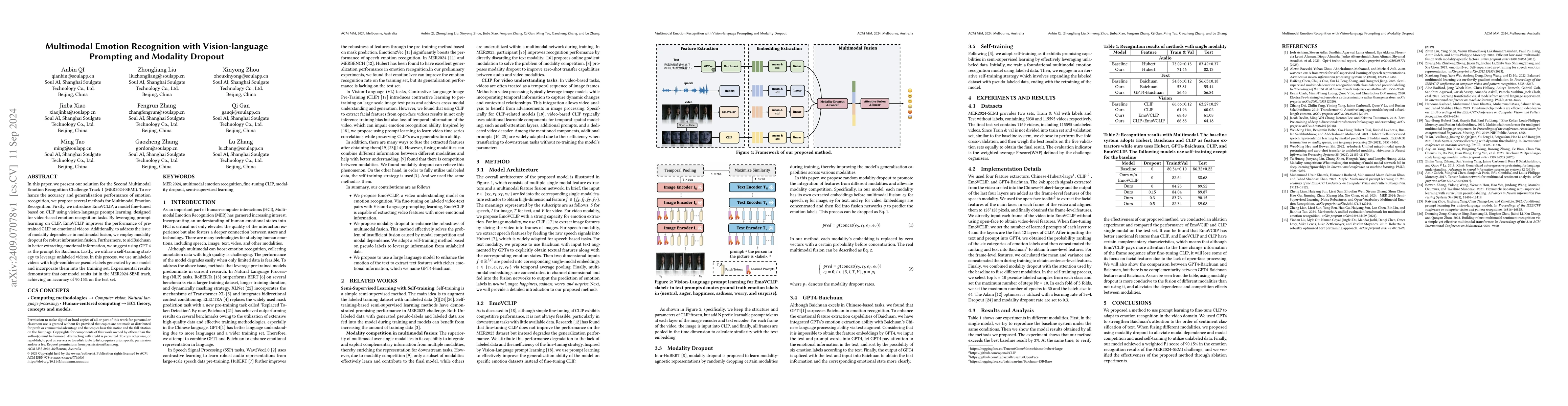Thumbnail for Multimodal Emotion Recognition with Vision-language Prompting and
  Modality Dropout