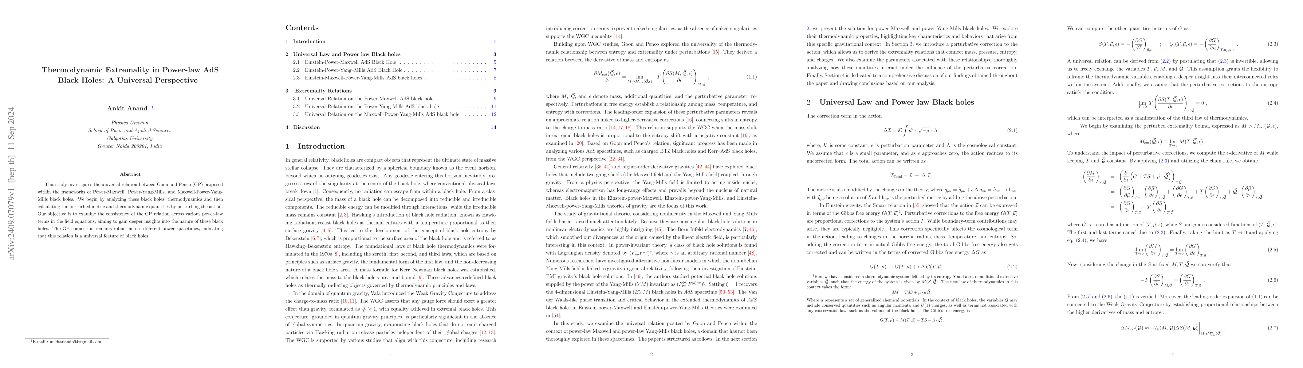 Thumbnail for Thermodynamic Extremality in Power-law AdS Black Holes A Universal
  Perspective