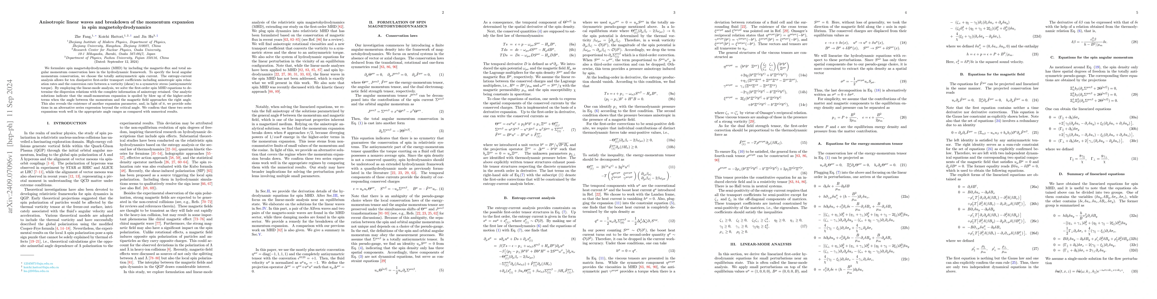 Thumbnail for Anisotropic linear waves and breakdown of the momentum expansion in spin
  magnetohydrodynamics