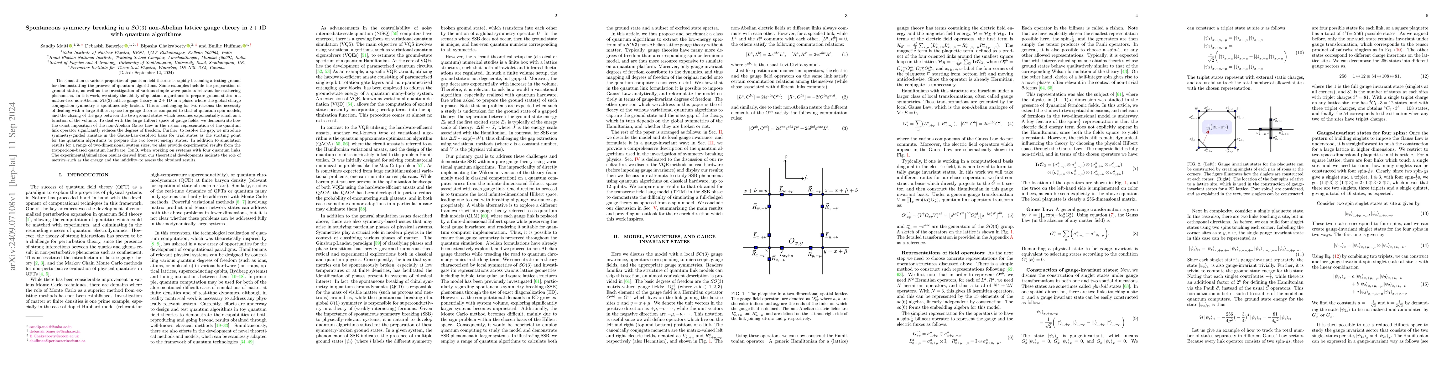 Thumbnail for Spontaneous symmetry breaking in a $SO(3)$ non-Abelian lattice gauge
  theory in $2+1$D with quantum algorithms