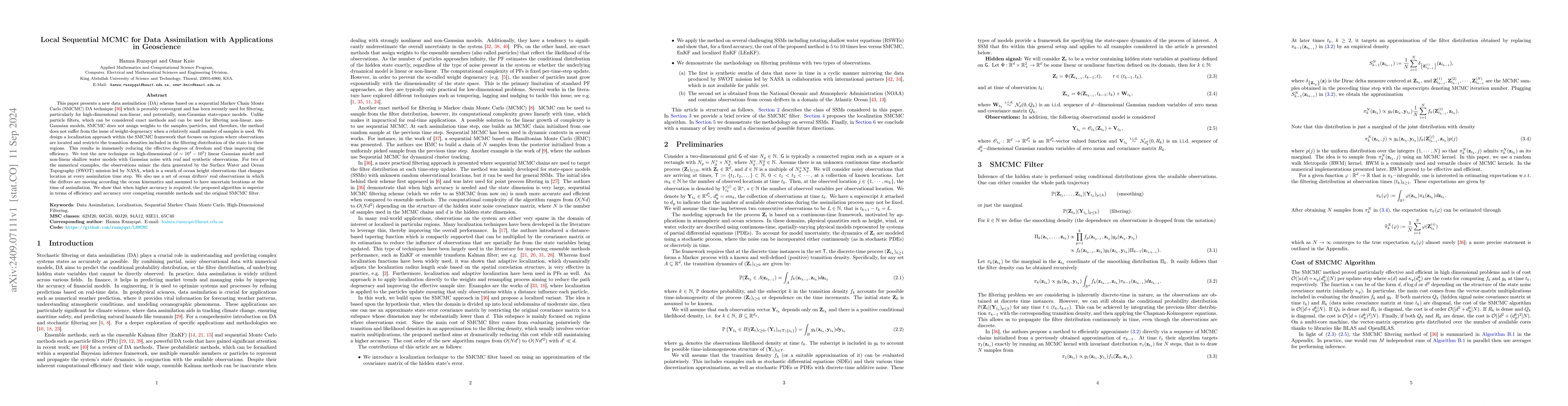 Thumbnail for Local Sequential MCMC for Data Assimilation with Applications in
  Geoscience