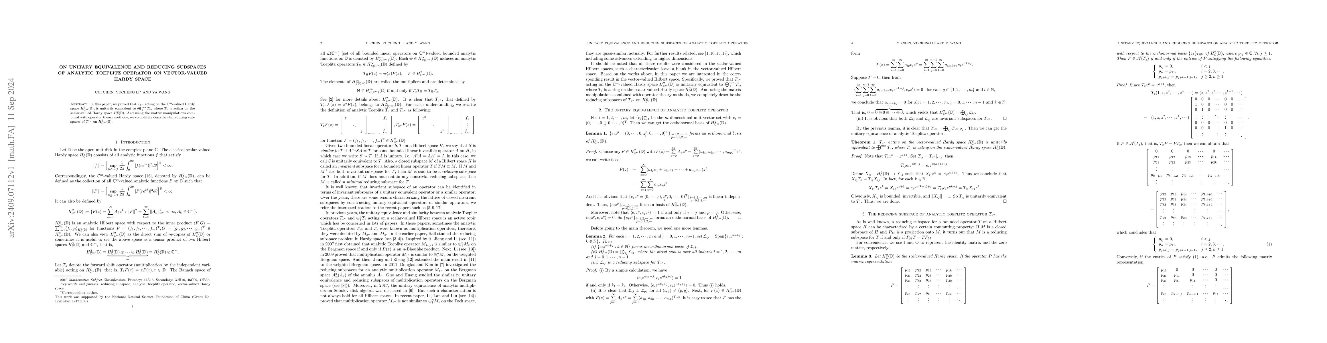 Thumbnail for On unitary equivalence and reducing subspaces of analytic Toeplitz
  operator on vector-valued Hardy space