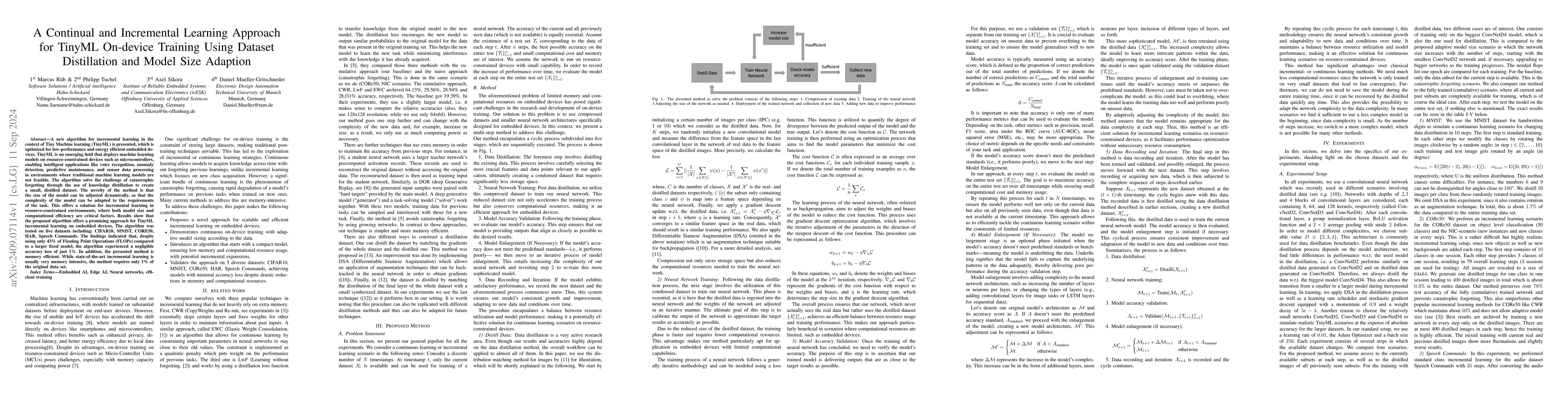 Thumbnail for A Continual and Incremental Learning Approach for TinyML On-device
  Training Using Dataset Distillation and Model Size Adaption