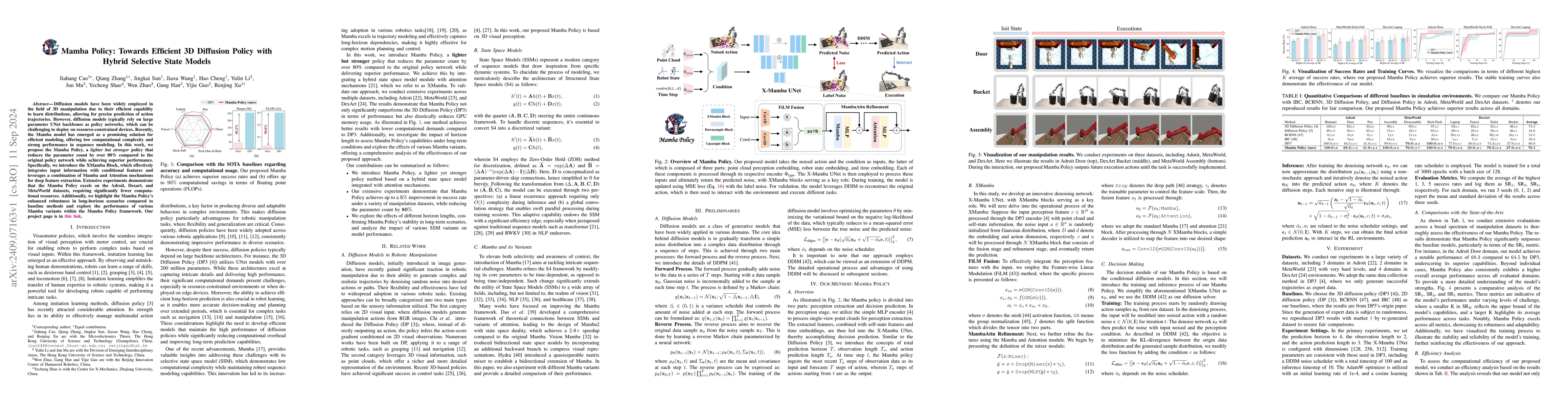 Thumbnail for Mamba Policy: Towards Efficient 3D Diffusion Policy with Hybrid
  Selective State Models
