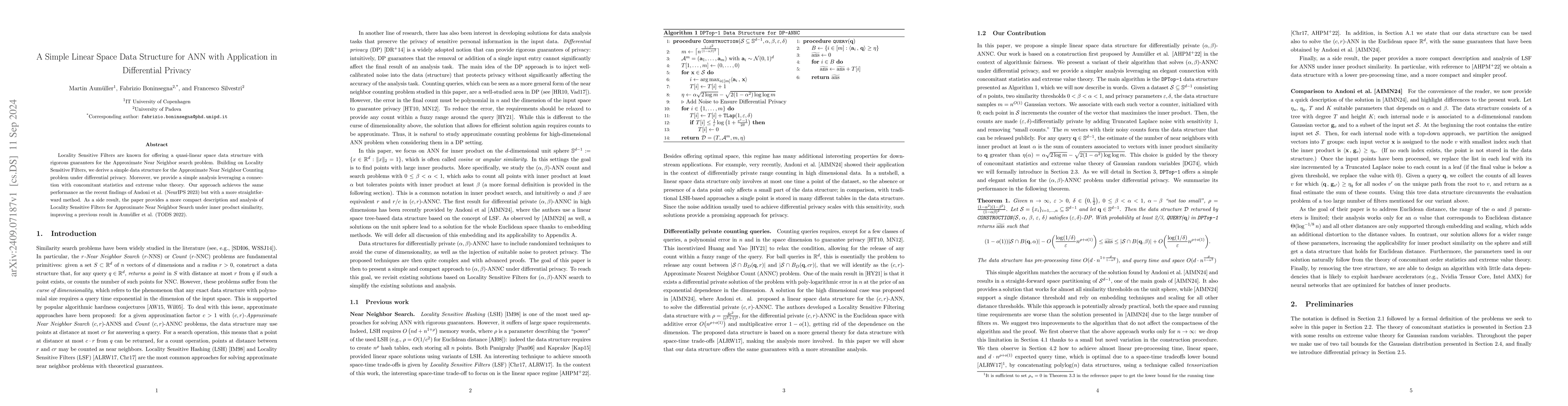 Thumbnail for A Simple Linear Space Data Structure for ANN with Application in
  Differential Privacy