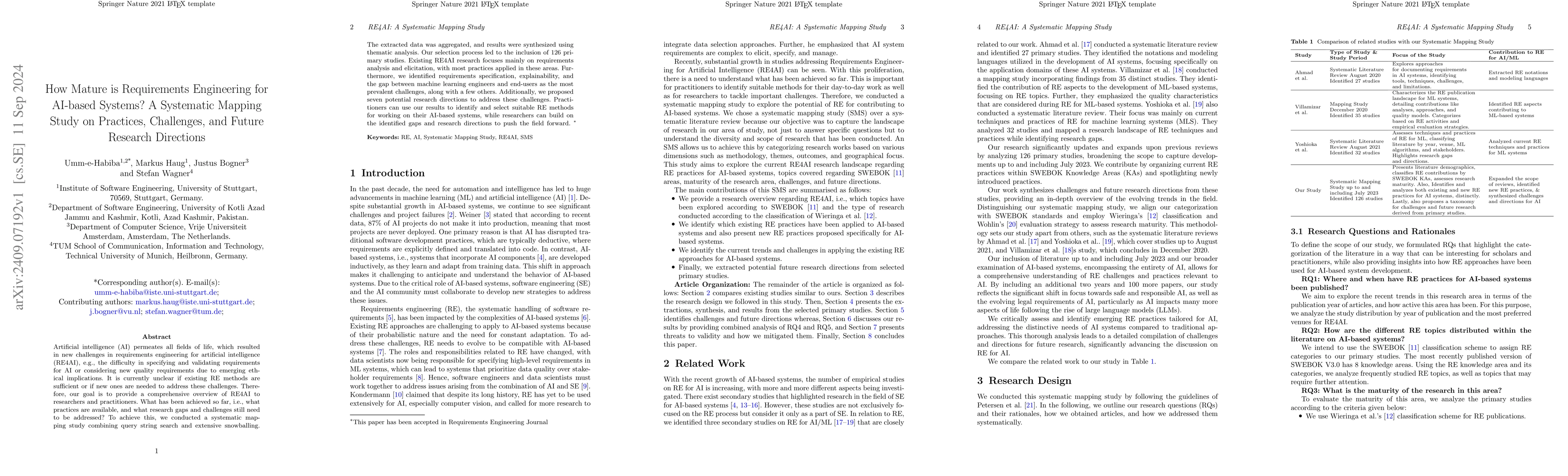 Thumbnail for How Mature is Requirements Engineering for AI-based Systems? A
  Systematic Mapping Study on Practices, Challenges, and Future Research
  Directions