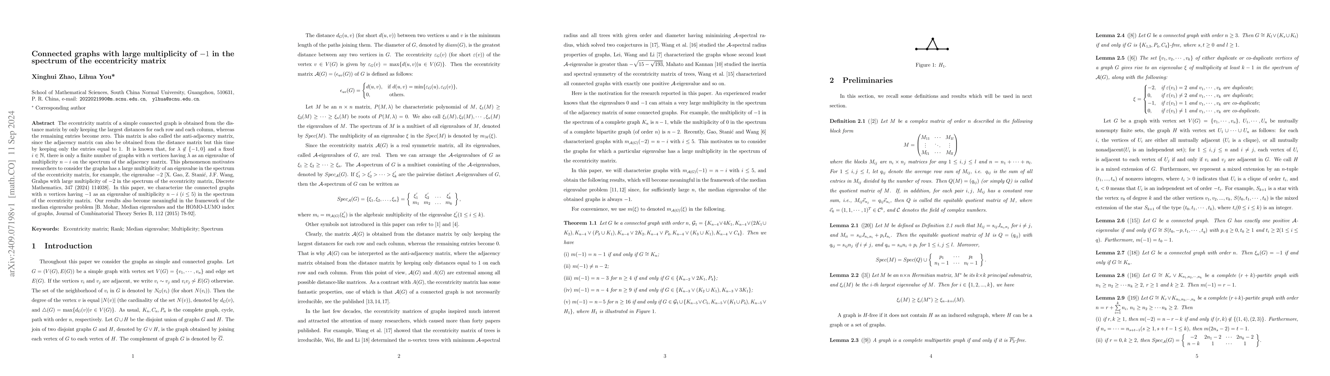 Thumbnail for Connected graphs with large multiplicity of $-1$ in the spectrum of the
  eccentricity matrix