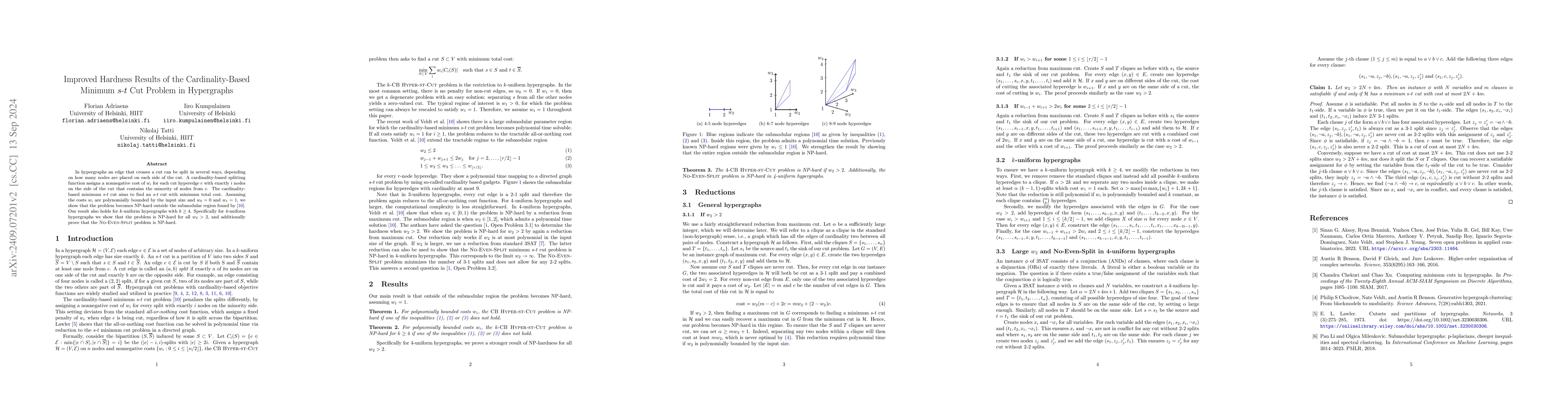 Thumbnail for Improved Hardness Results of the Cardinality-Based Minimum s-t Cut
  Problem in Hypergraphs