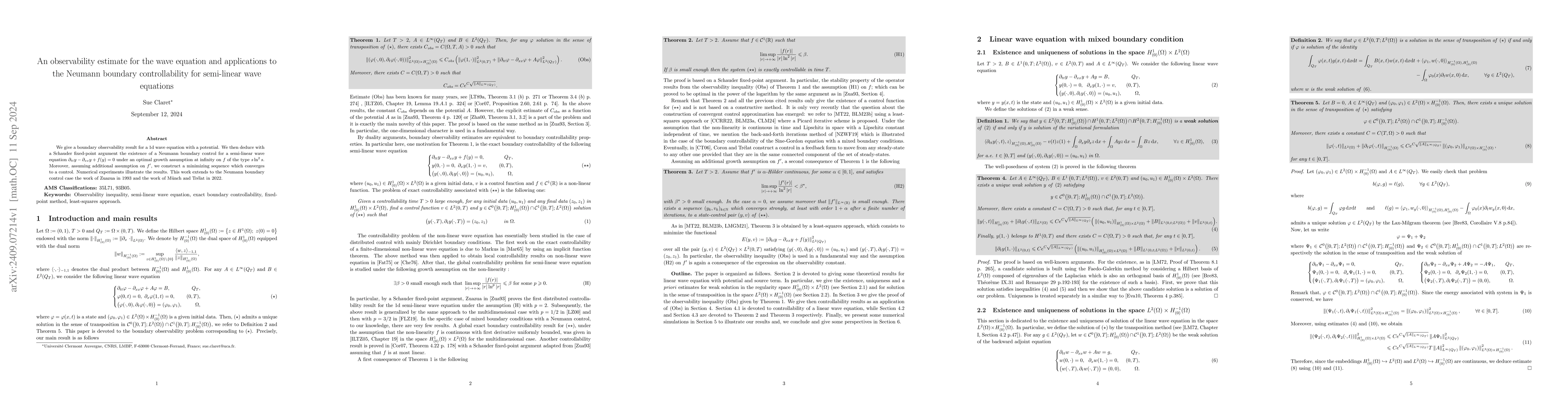 Thumbnail for An observability estimate for the wave equation and applications to the
  Neumann boundary controllability for semi-linear wave equations