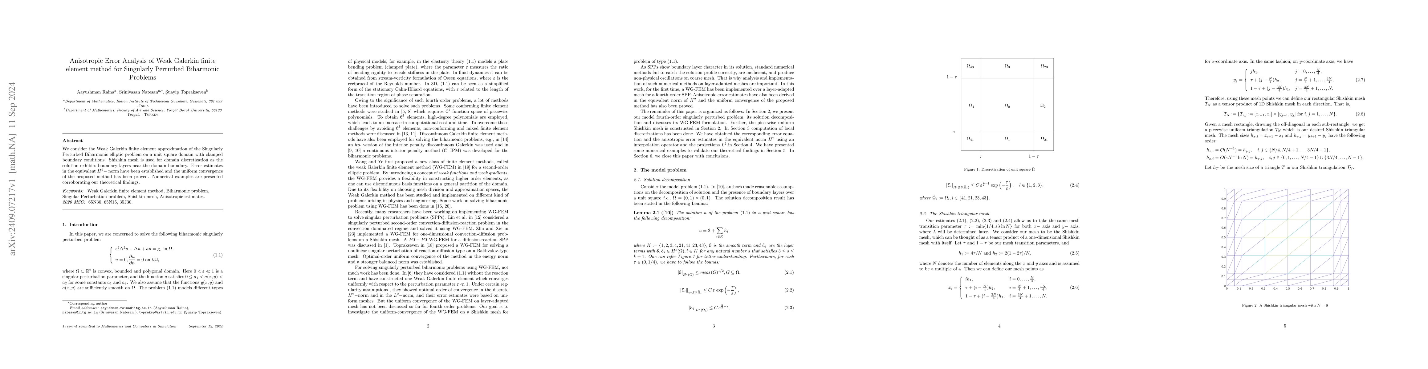 Thumbnail for Anisotropic Error Analysis of Weak Galerkin finite element method for
  Singularly Perturbed Biharmonic Problems