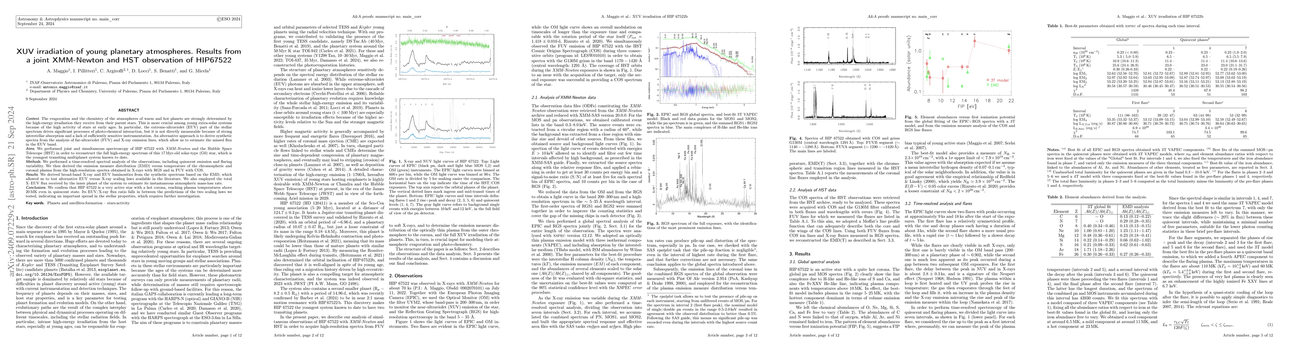 Thumbnail for XUV irradiation of young planetary atmospheres. Results from a joint
  XMM-Newton and HST observation of HIP67522
