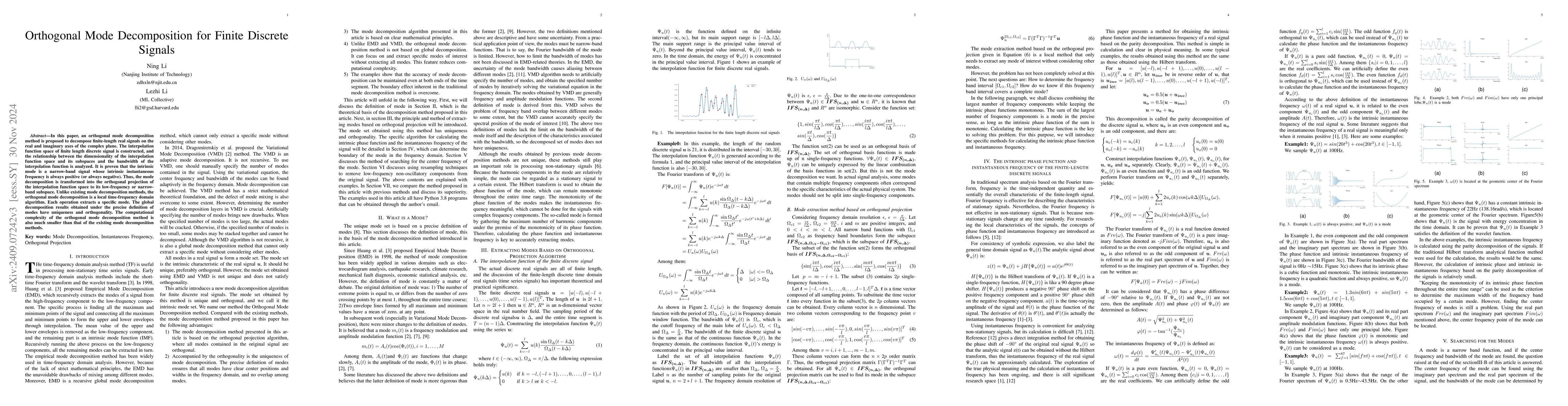 Thumbnail for Orthogonal Mode Decomposition for Finite Discrete Signals