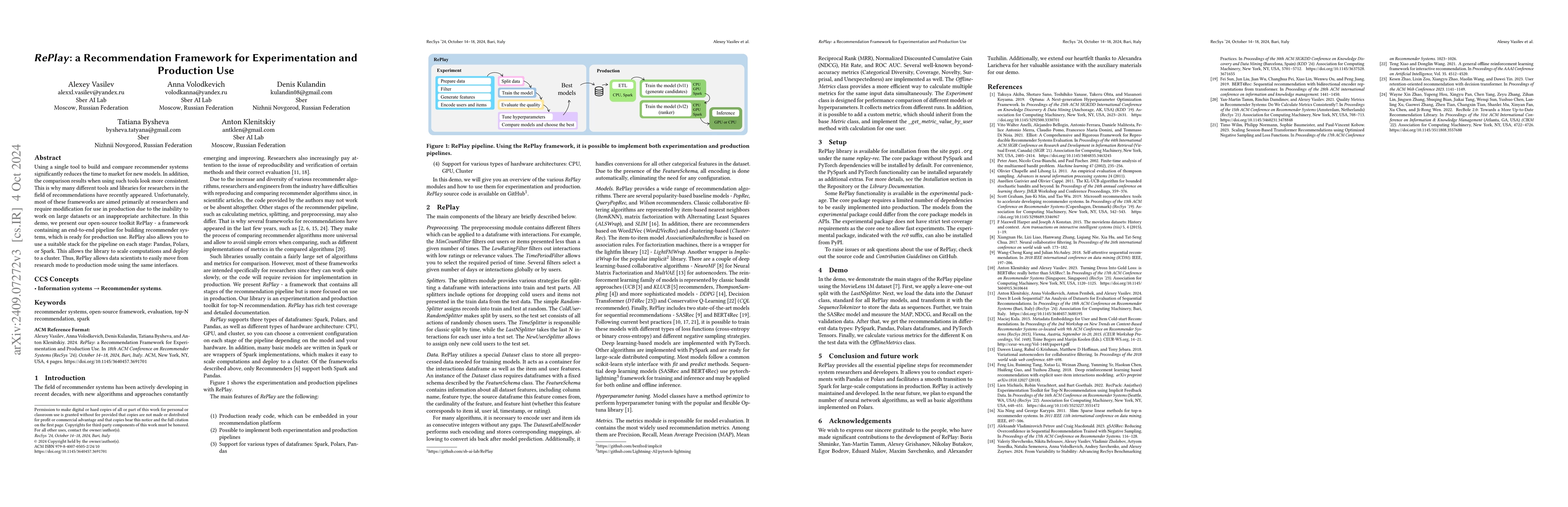 Thumbnail for RePlay: a Recommendation Framework for Experimentation and Production
  Use