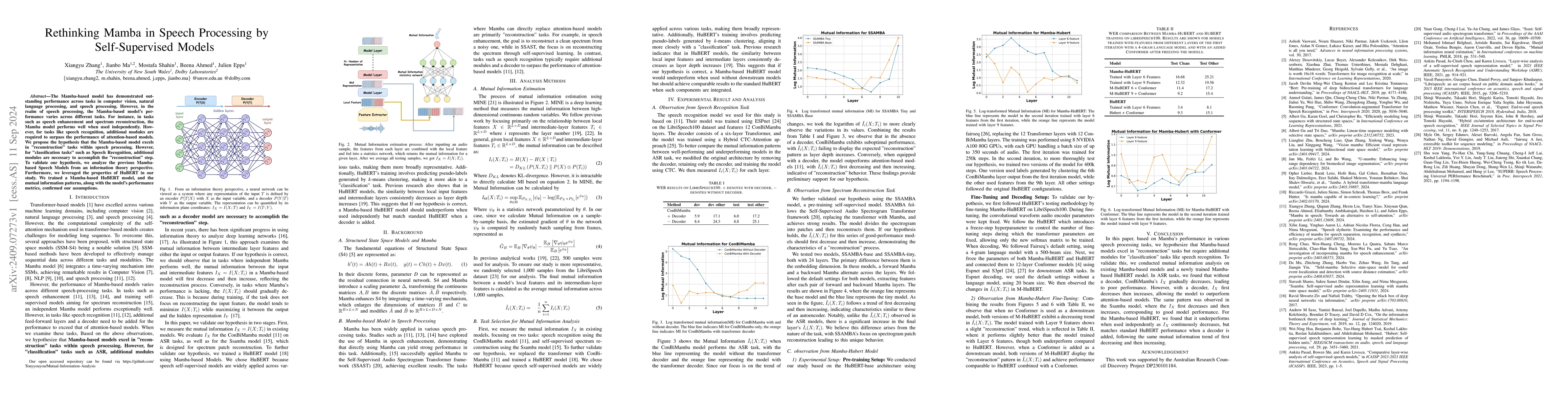 Thumbnail for Rethinking Mamba in Speech Processing by Self-Supervised Models