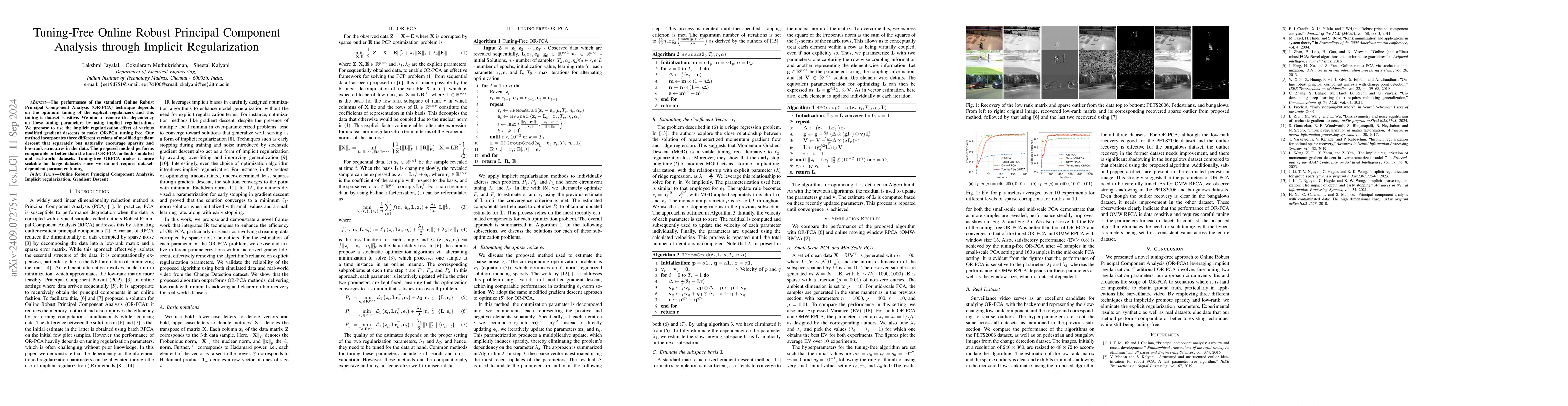 Thumbnail for Tuning-Free Online Robust Principal Component Analysis through Implicit
  Regularization