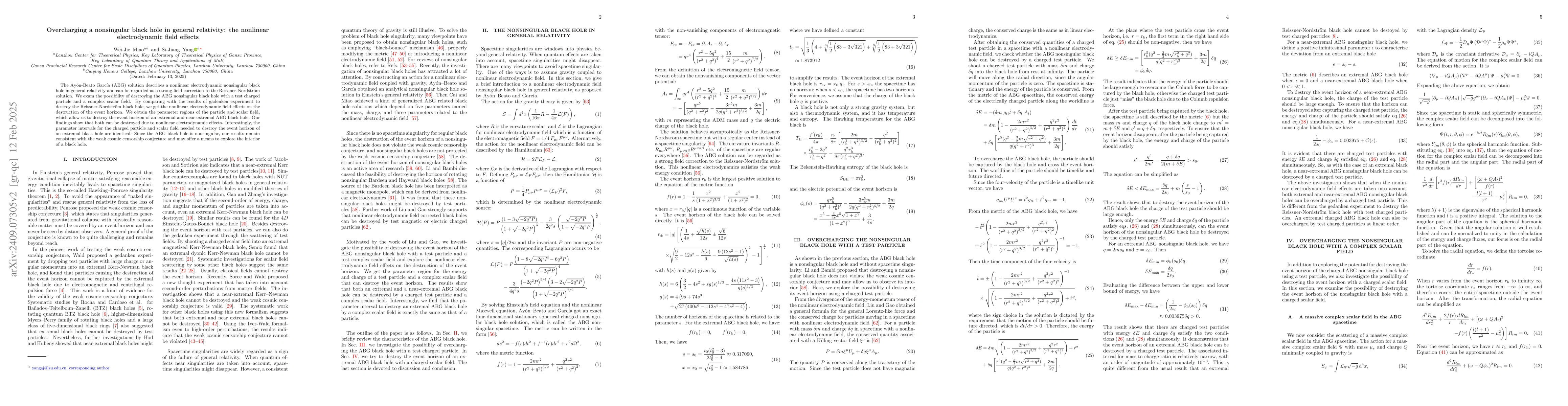 Thumbnail for Overcharging a nonsingular black hole in general relativity: the
  nonlinear electrodynamic field effects