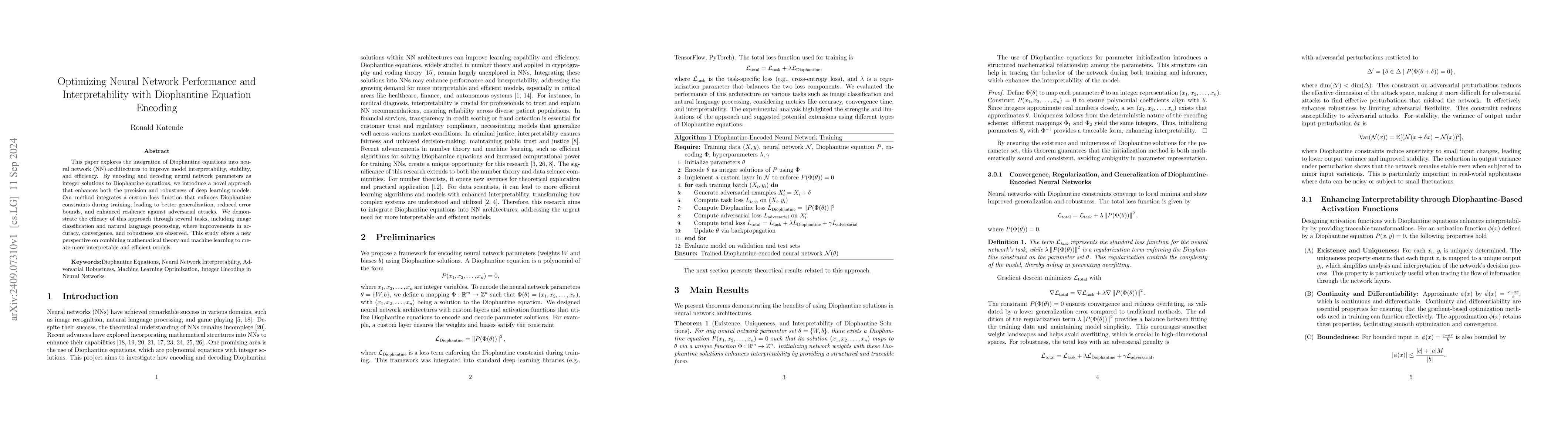 Thumbnail for Optimizing Neural Network Performance and Interpretability with
  Diophantine Equation Encoding