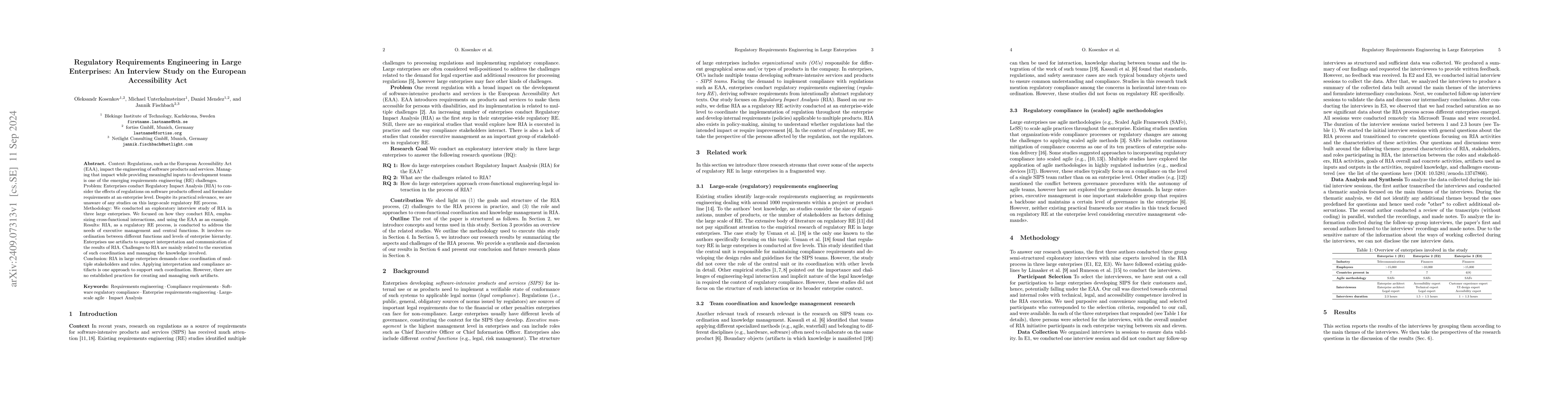 Thumbnail for Regulatory Requirements Engineering in Large Enterprises: An Interview
  Study on the European Accessibility Act