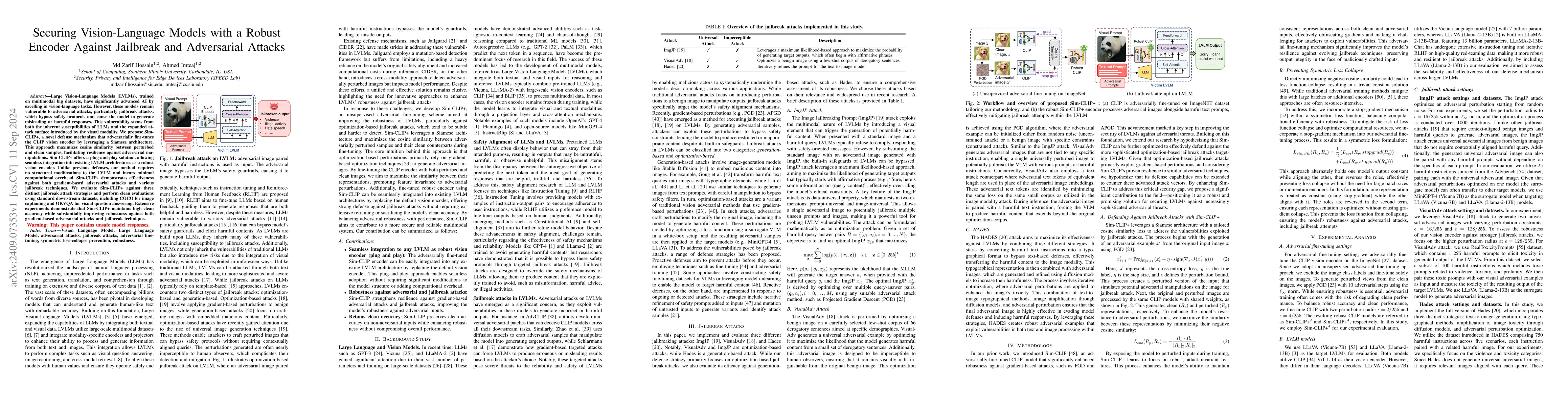 Thumbnail for Securing Vision-Language Models with a Robust Encoder Against Jailbreak
  and Adversarial Attacks