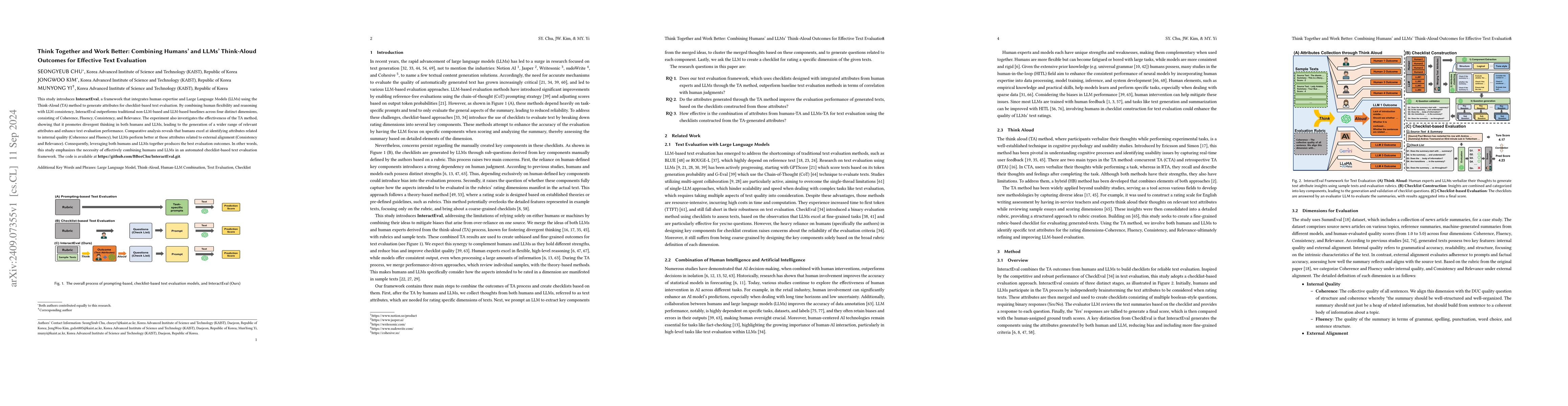 Thumbnail for Think Together and Work Better: Combining Humans' and LLMs' Think-Aloud
  Outcomes for Effective Text Evaluation