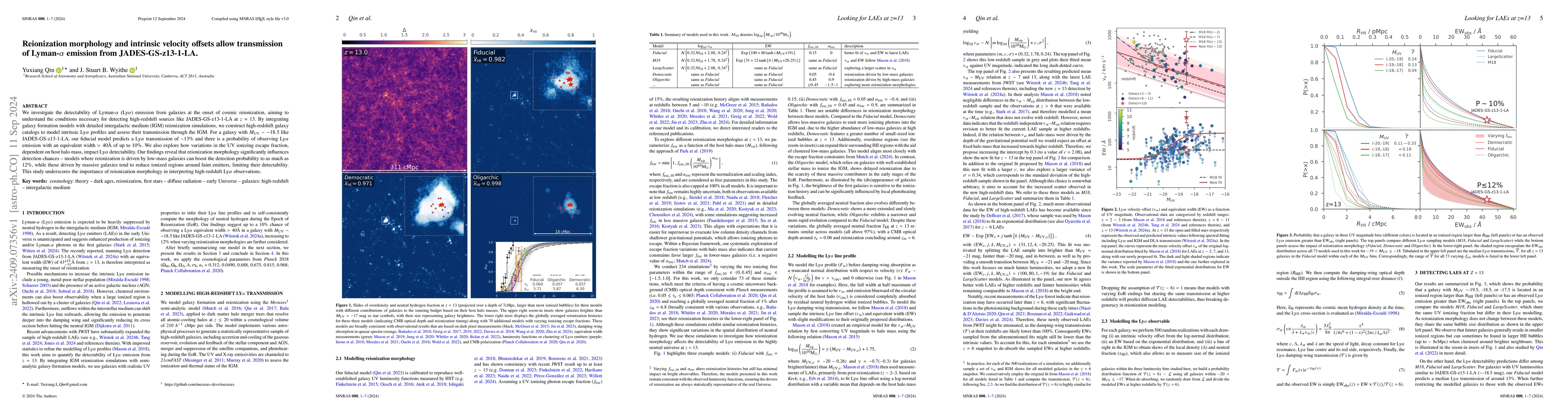 Thumbnail for Reionization morphology and intrinsic velocity offsets allow
  transmission of Lyman-α emission from JADES-GS-z13-1-LA