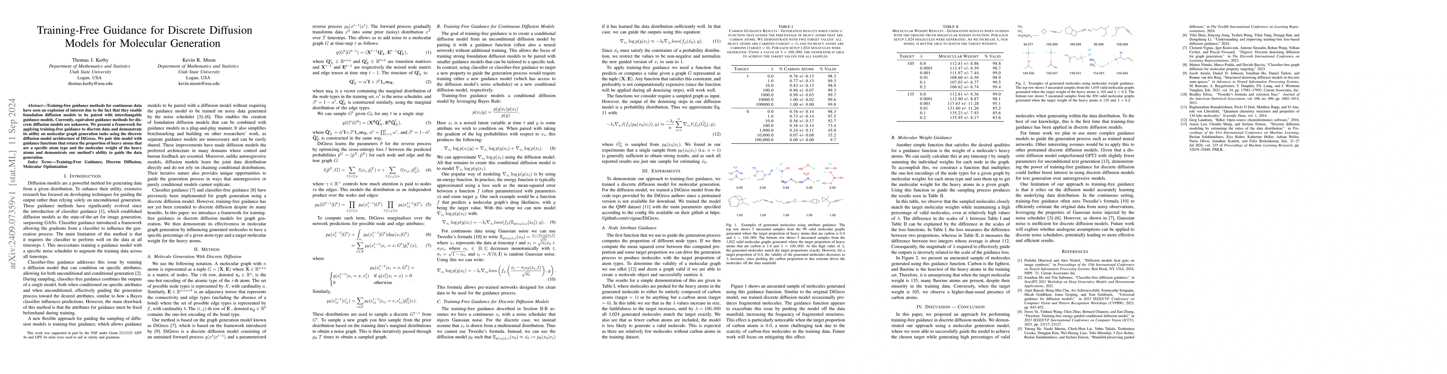 Thumbnail for Training-Free Guidance for Discrete Diffusion Models for Molecular
  Generation
