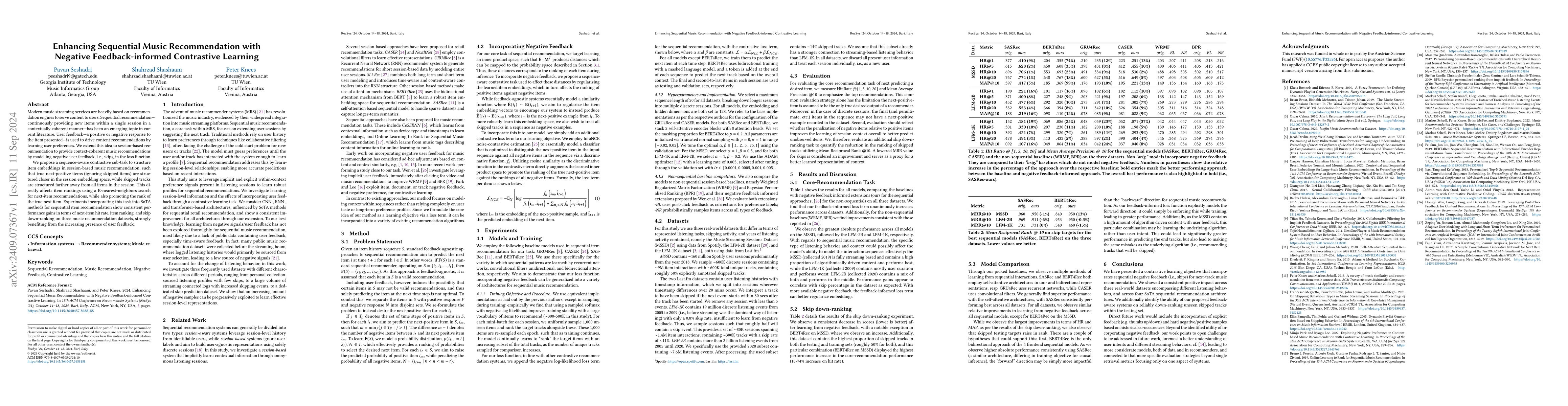 Thumbnail for Enhancing Sequential Music Recommendation with Negative
  Feedback-informed Contrastive Learning