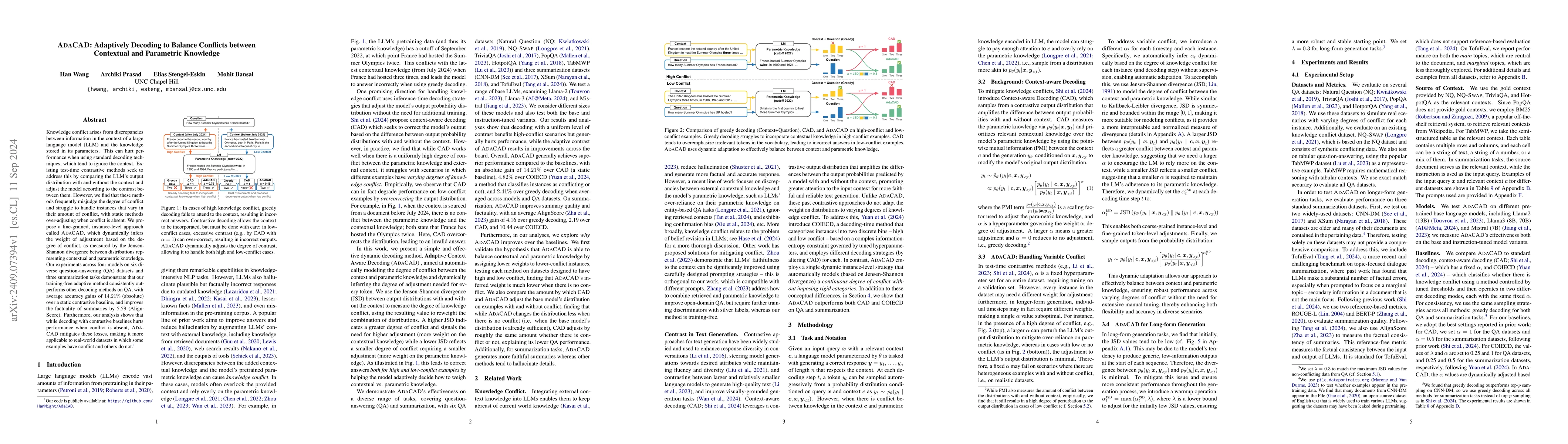Thumbnail for AdaCAD: Adaptively Decoding to Balance Conflicts between Contextual and
  Parametric Knowledge