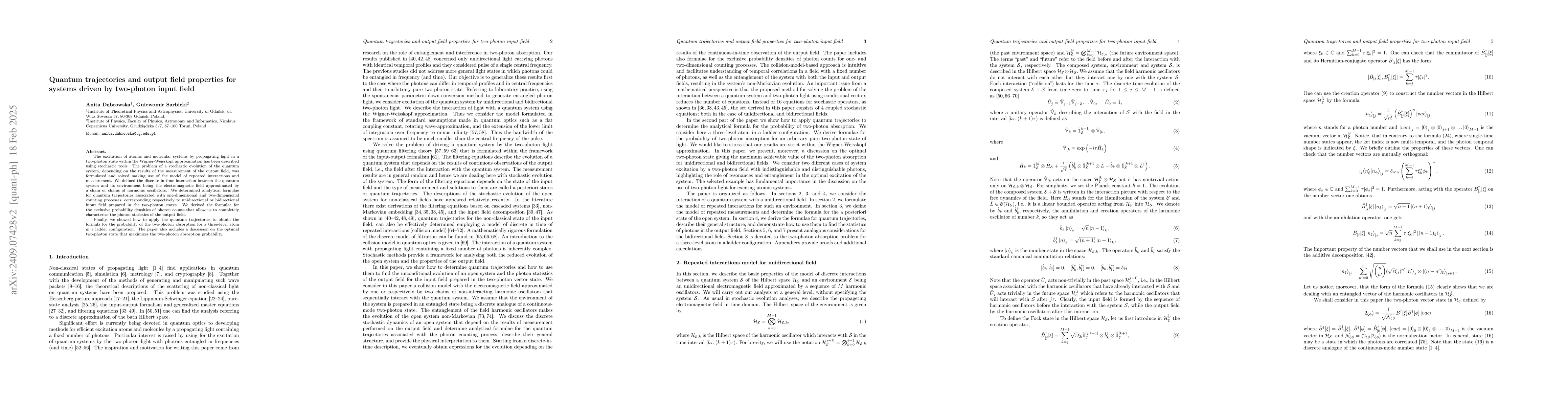 Thumbnail for Quantum trajectories and output field properties for two-photon input
  field