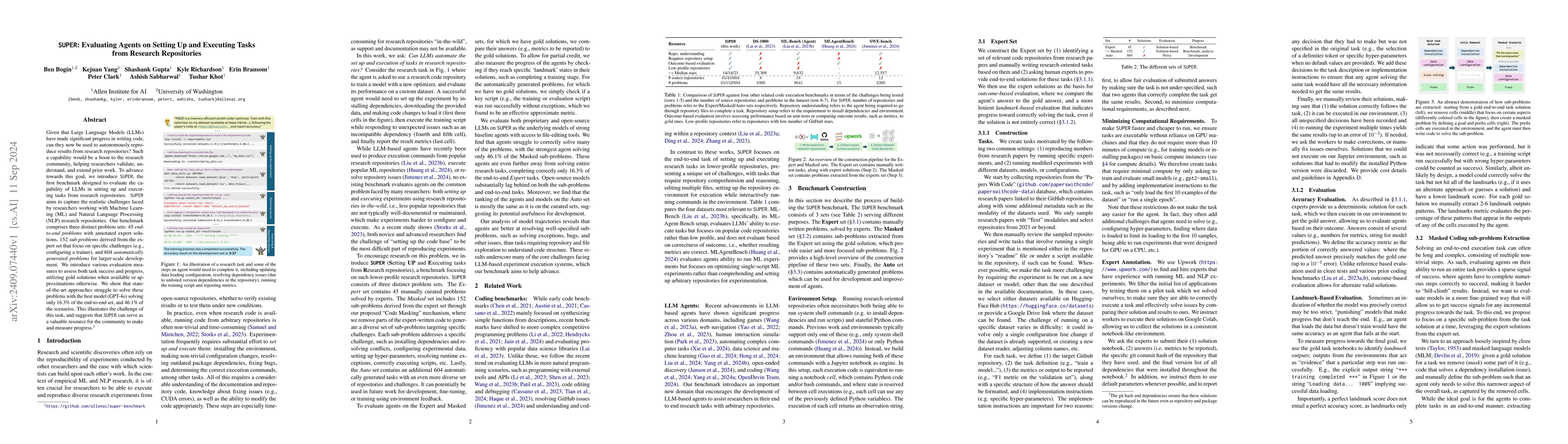 Thumbnail for SUPER: Evaluating Agents on Setting Up and Executing Tasks from Research
  Repositories