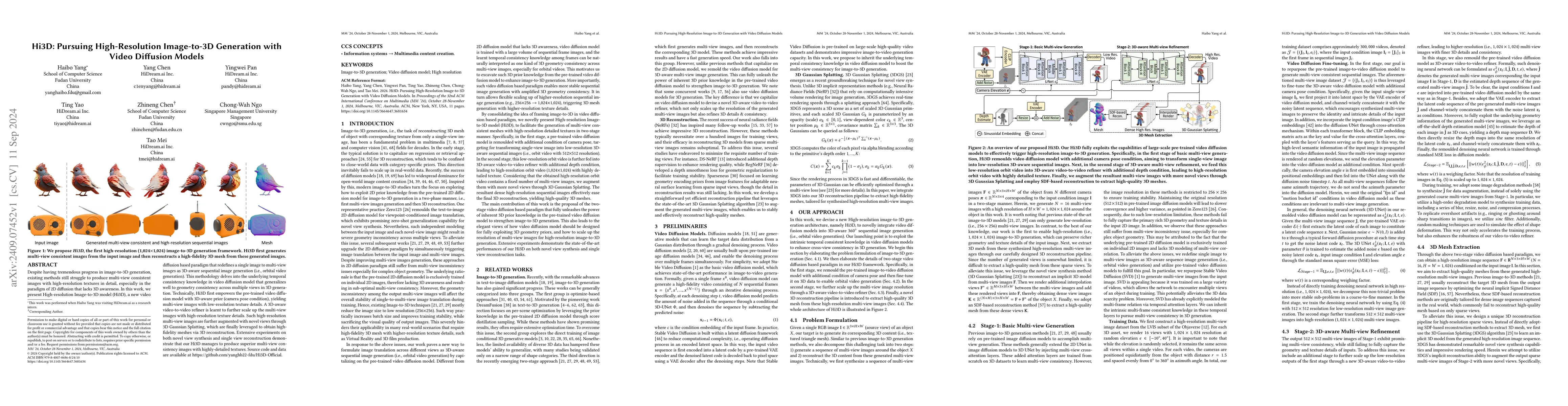 Thumbnail for Hi3D: Pursuing High-Resolution Image-to-3D Generation with Video
  Diffusion Models