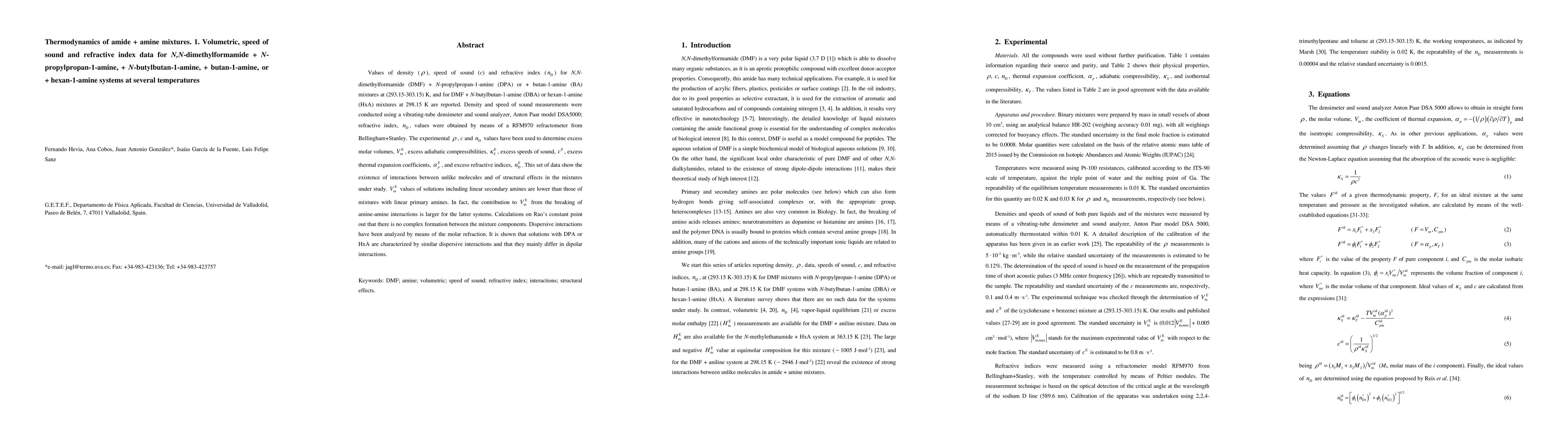 Thumbnail for Thermodynamics of Amide + Amine Mixtures. 1. Volumetric, Speed of Sound,
  and Refractive Index Data for N,N-Dimethylformamide +N-Propylpropan-1-amine,
  +N-Butylbutan-1-amine, +Butan-1-amine, or +Hexan-1-amine Systems at Several
  Temperatures