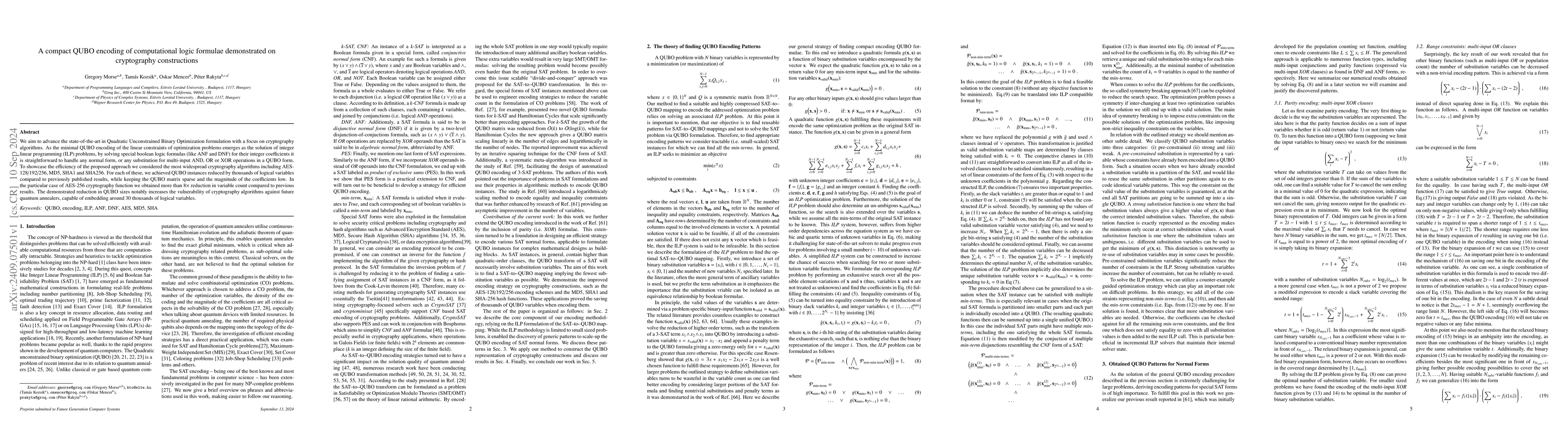 Thumbnail for A compact QUBO encoding of computational logic formulae demonstrated on
  cryptography constructions