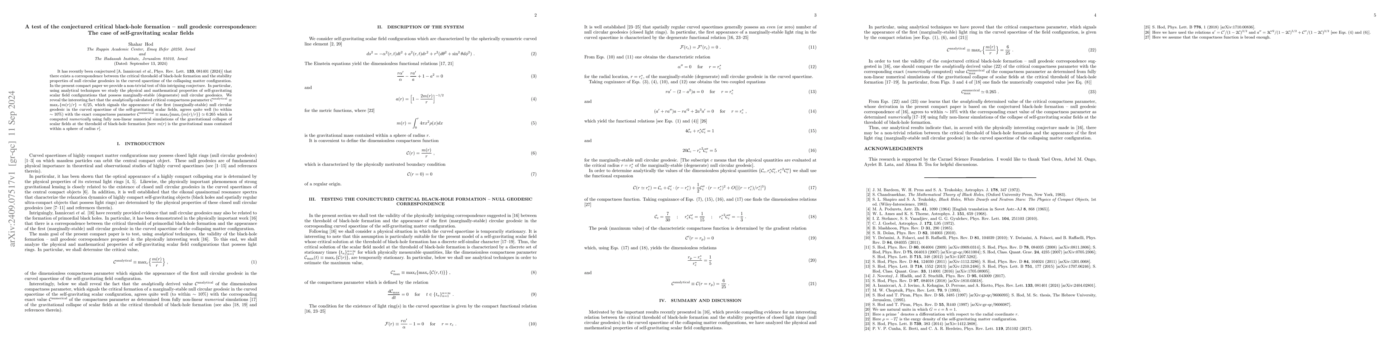 Thumbnail for A test of the conjectured critical black-hole formation -- null geodesic
  correspondence: The case of self-gravitating scalar fields