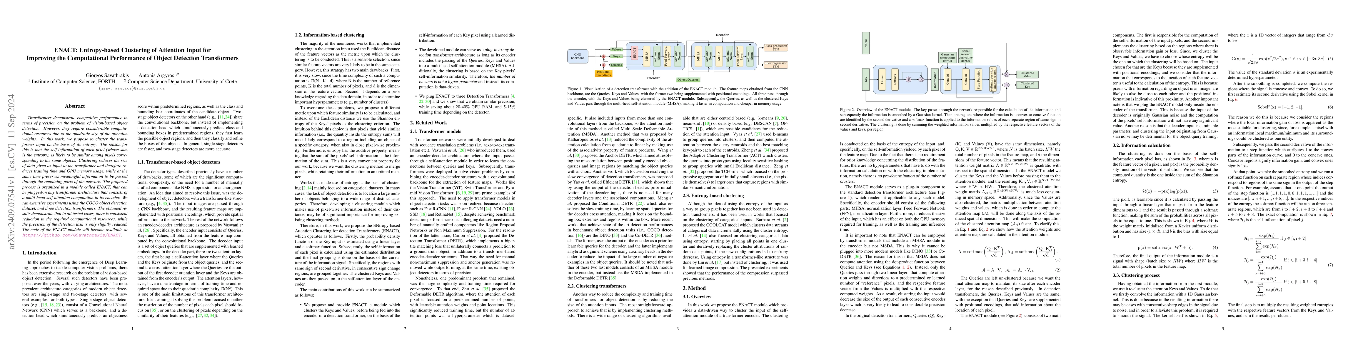 Thumbnail for ENACT: Entropy-based Clustering of Attention Input for Improving the
  Computational Performance of Object Detection Transformers