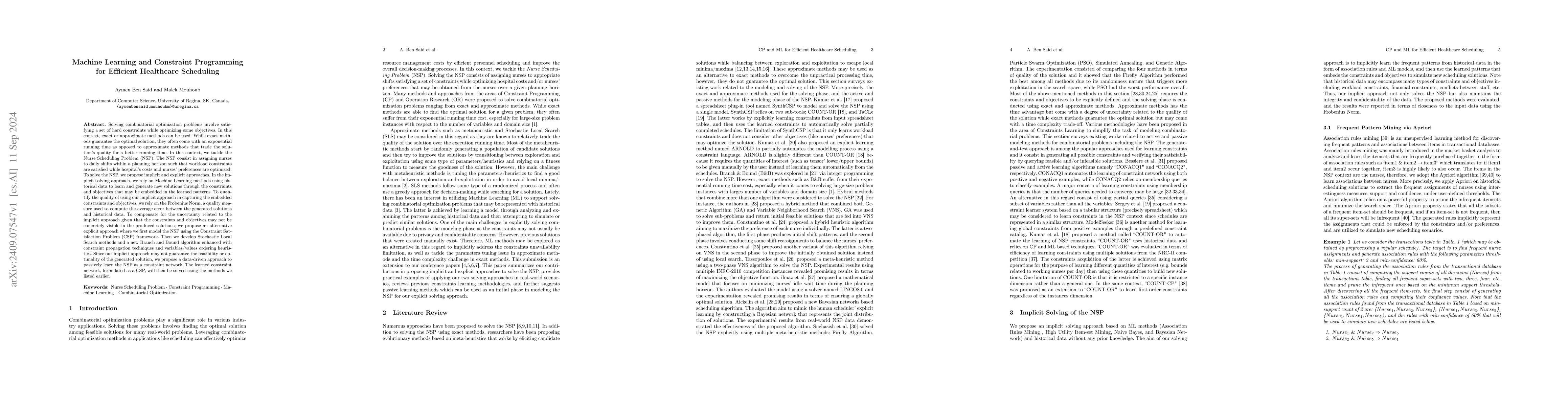 Thumbnail for Machine Learning and Constraint Programming for Efficient Healthcare
  Scheduling