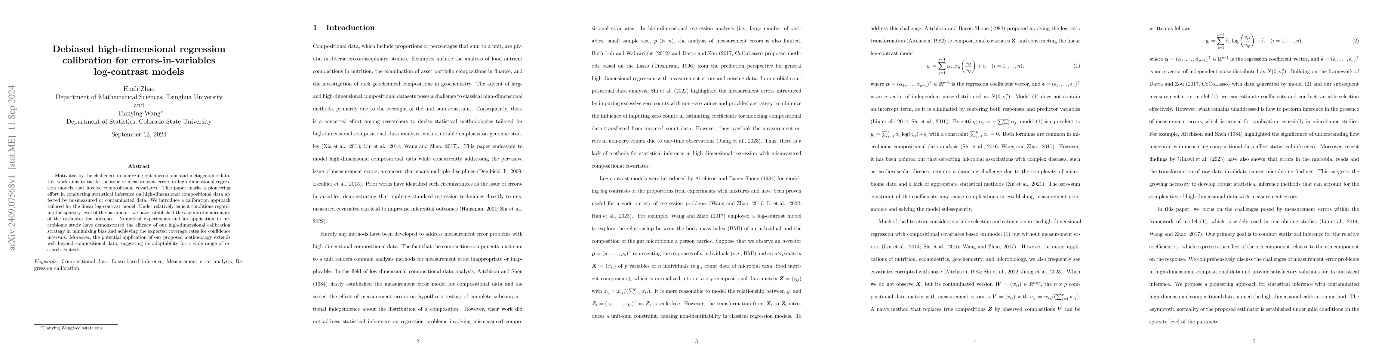 Thumbnail for Debiased high-dimensional regression calibration for errors-in-variables
  log-contrast models