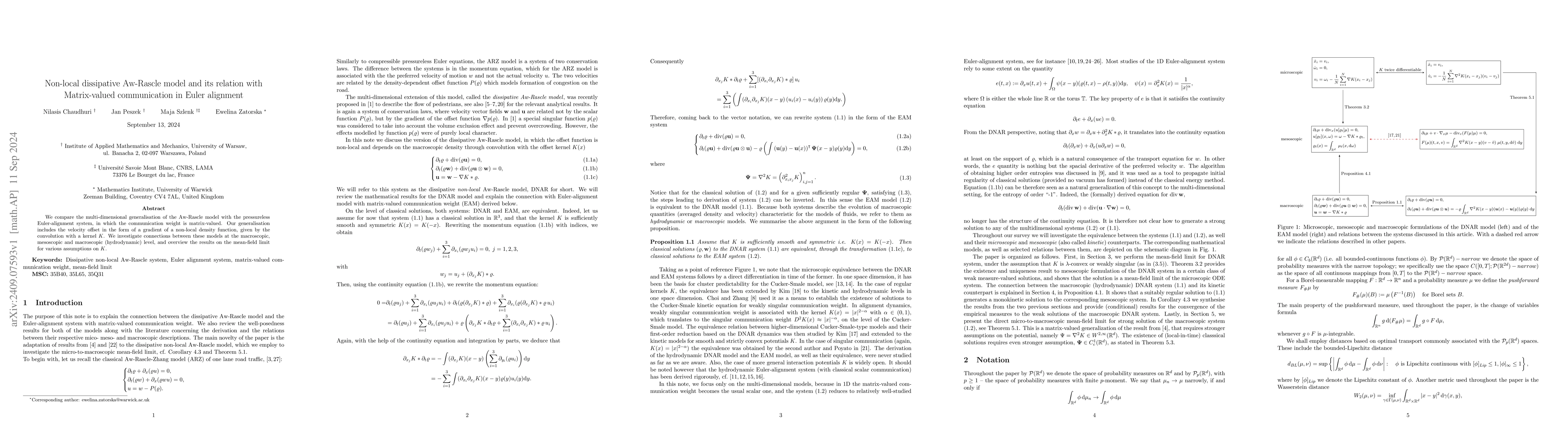 Thumbnail for Non-local dissipative Aw-Rascle model and its relation with
  Matrix-valued communication in Euler alignment