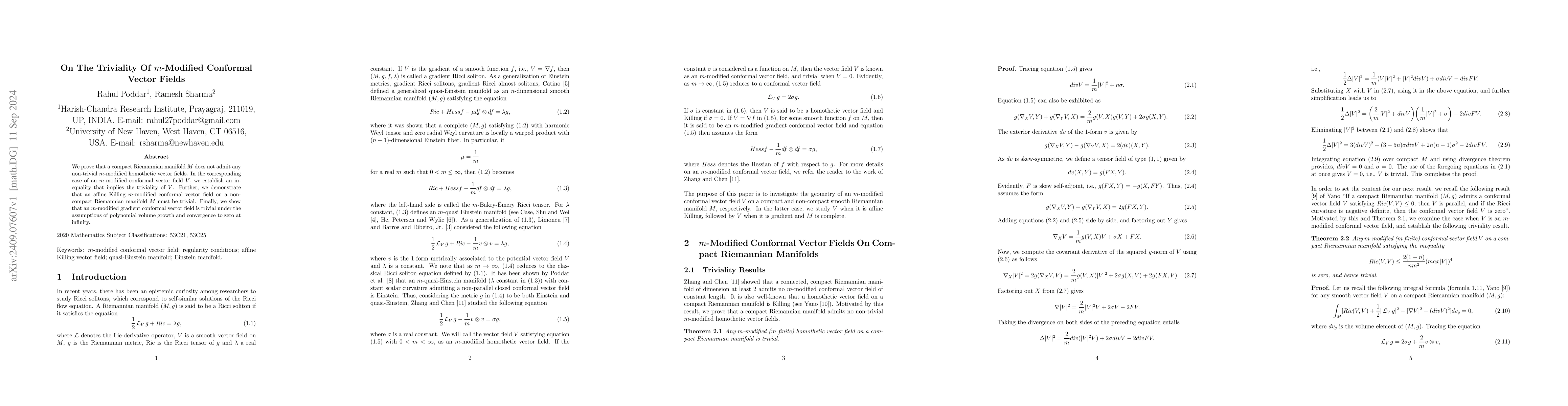 Thumbnail for On The Triviality Of $m$-Modified Conformal Vector Fields