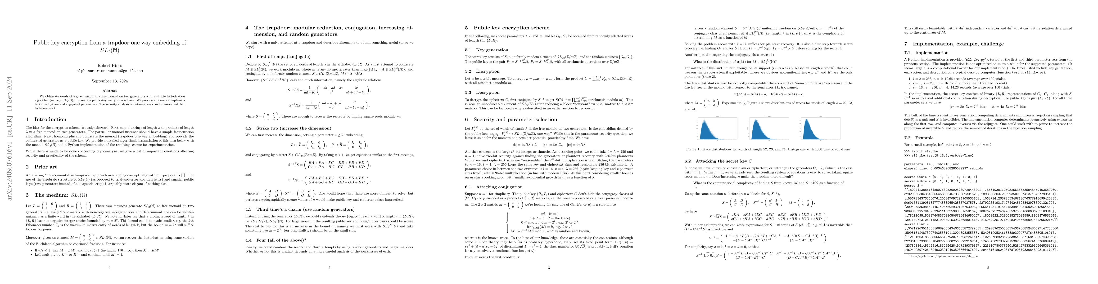 Thumbnail for Public-key encryption from a trapdoor one-way embedding of
  $SL_2(\mathbb{N}$)